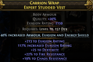 HIGH EVASION CHEST 2159 EVASION 25 DEXTERITY 22% FIRE RESIST 19% CHAOS RESIST RANGER MONK MERCENARY - image