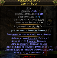 450 DPS GEMINI BOW DEADEYE RANGER BOW 411 MAX DMG 73 COLD DMG 16 CRIT DMG BONUS LIFE MANA LEECH - image