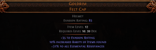 RISE OF THE ABYSSAL Goldrim Felt Cap UNIQUE HELM LVL 10 REQ 30% ALL RESISTANCE HELMET - image
