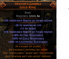 VENTOR'S GAMBLE 11 SPIRIT 36 LIFE 28% RARITY +38/26/20% RESISTS MINION WITCH LICH INFERNALIST RING - image