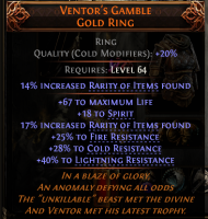 VENTOR'S GAMBLE 18 SPIRIT 67 LIFE 31% RARITY +25/28/40% RESISTANCES MINION WITCH RING LICH INFERNALI - image