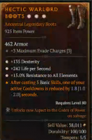 925 Boots 3 Greater Affixes 135 Dexterity/15% Resistance to All Elements/+242 life per second - image
