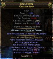 565 DPS GEMINI BOW +3 PROJ SKILLS 16% ATTACK SPEED 515 MAX DMG DEADEYE RANGER AMAZON BOW - image