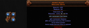 20% QUALITY 3 SOCKETED Atziri's Acuity UNIQUE GLOVES 100% CRIT BLOOD MAGE GLOVES - image