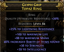 RING WITH 46% RARITY FOUND 109 LIFE 88 MANA 36 STRENGTH 39 INTELLIGENCE 25% LIGHNING RESISTANCE - image