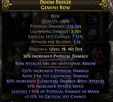 500 DPS GEMINI BOW 151 LIGHTNING DMG 82% ELEMENTAL DMG 17% A.SPEED 2% CRIT CHANCE - image