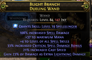 WAND +4 ALL SPELL SKILLS 108% SPELL DMG 21% CAST SPEED 23% EXTRA LIGHTNING DMG 33% CRIT SPELL BONUS - image