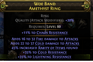 RARITY RING 45% RARITY FIRE+COLD DAMAGES 35% LIGHTNING 35%COLD RESISTS 11% CHAOS RES DEADEYE MONK - image