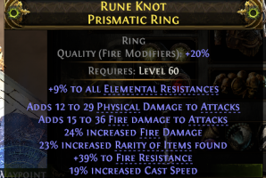 RING WITH FIRE+PHYSICAL DMG 24% FIRE DMG 23% RARITY 39% FIRE 9% ALL RES 19% CAST SPEED - image