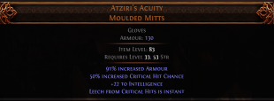 RISE OF THE ABYSSAL Atziri's Acuity UNIQUE GLOVES LVL 33 REQ 50% CRITICAL HIT CHANCE GLOVES - image