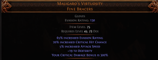 RISE OF THE ABYSS Maligaro's Virtuosity UNIQUE GLOVES LVL 45 REQ 300% CRITICAL DMG BONUS CRIT CHANCE - image
