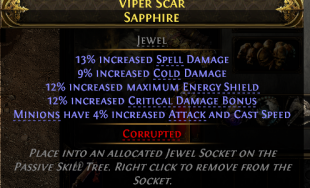 JEWEL 13% SPELL DMG 9% COLD DMG 12% MAX ENERGY SHIELD 12% CRIT DMG BONUS MINIONS HAVE 4% A.SPEED C.S - image