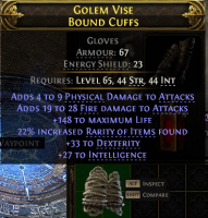 RISE OF THE ABYSSAL GLOVES WITH FIRE+PHYSICAL DMG 148 LIFE 20% RARITY 33 DEX 27 INTELLIGENCE LVL 65 - image