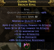 BREACH RING HIGH FIRE+PHYSICAL DMG 72 LIFE 12+ ALL ATTR 26 DEX 28% LIGHT RES MONK MERC RANGER HUNT - image