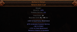 RISE OF THE ABYSS Alpha's Howl Armoured Cap UNIQUE HELM LVL 65 REQUIRED 100 SPIRIT PRESENCE DOUBLED - image