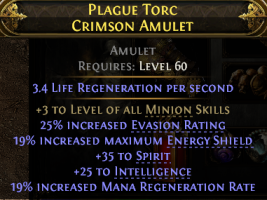 MINION WITCH AMULET +3 MINION SKILLS 35 SPIRIT 25 INT 19% E.S 19% MANA REGEN E.RATING INFERNALIST - image