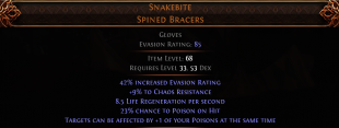 RISE OF THE ABYSSAL Snakebite UNIQUE GLOVES LVL 33 REQ POISON DAMAGE GLOVES +1 POISON LOL - image