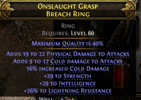 RISE OF THE ABYSSAL BREACH RING PHYSICAL + COLD DMG 16% COLD DMG 29 STRENGTH 29 INT 26 LIGHT RES - image