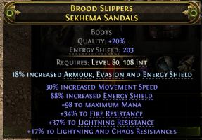 203 ES STORMWEAVER SORCERESS BOOTS 30% MOV SPEED 98 MANA 34 FIRE 37 LIGHTNING 17% LIGHT+CHAOS RESIST - image