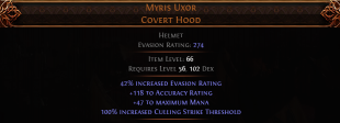 RISE OF THE ABYSSAL Myris Uxor Covert Hood UNIQUE HELMET LVL 52 REQ HUNTRESS AMAZON HELM - image