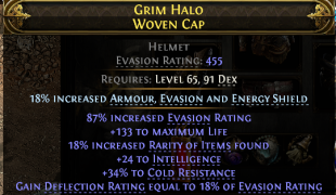 455 EVASION 133 LIFE 18% RARITY 24 INT 34% COLD RES 18% DEFLECTION EVASION DEADEYE RANGER HELM - image