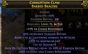 306 EVASION GLOVES LIGHT DMG 142 LIFE 32 DEX 16% CHAOS + COLD RES 19% DEFLECTION OF EVASION - image