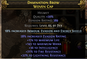389 EVASION HELM 174 LIFE 143 MANA 36 INT 21% FIRE 32% LIGHTNING RESISTS MONK RANGER HUNTRESS MERC - image