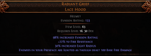 RISE OF THE ABYSSAL RADIANT GRIEF LACE HOOD UNIQUE HELMET HUNTRESS AMAZON HELM LVL 16 REQ IGNITES - image