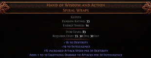 RISE OF THE ABYSS 2 SOCKETED Hand of Wisdom and Action UNIQUE GLOVES LVL 33 REQ INSANE DAMAGE GLOVES - image