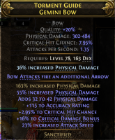 531 DPS GEMINI BOW 3% CRIT CHANCE + 16% CRIT DAMAGE BONUS 23% ATTACK SPEED 484 MAX DMG DEADEYE RANGE - image