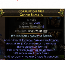 AMAZON HUNTRESS GLOVES 15% ACCURACY 382 ACCURACY PHYS+COLD DMG 16 A.SPEED 21 RARITY 17 LIGHT+CHAOS R - image