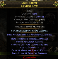 RISE OF THE ABYSSAL 493 MAX DMG GEMINI BOW FOR DEADEYE RANGER 23 DEX 16% CRIT DMG 13 MANA PER KILL - image