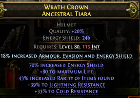 246 ENERGY SHIELD HELM 43% RARITY FOUND 80 LIFE 39% LIGHTNING 33% COLD RESIST WITCH SORC WARRIOR - image