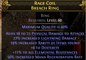 BREACH RING WITH PHYSICAL DMG 27% LIGHTNING DMG 19% RARITY 11% ALL RESIST 6 DEX 56% MANA REGEN - image