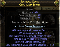 ES+EVASION BOOTS 35% MOV SPEED 103 LIFE 19% RARITY 38% LIGHT 31% CHAOS RESIST RANGER HUNTRESS MERC - image