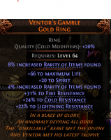20 SPIRIT VENTOR'S GAMBLE RING 66 LIFE 12 RARITY +31/24/22 RESISTANCES INFERNALIST WITCH LICH MINION - image