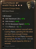 3GA Deathmask of Nirmitrug (92,5/100) ☆685 Maximum Life ☆444 Armor ☆37.5% Movement Speed - +3 Flurry - image